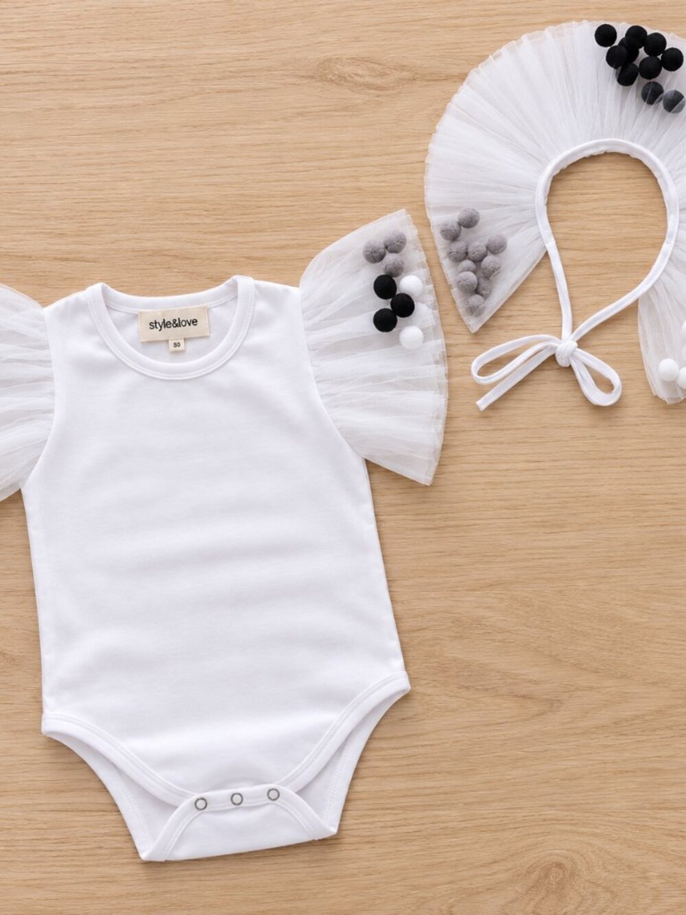White Pom Pom Baby Bodysuit & Self-Tie Tulle Skirt